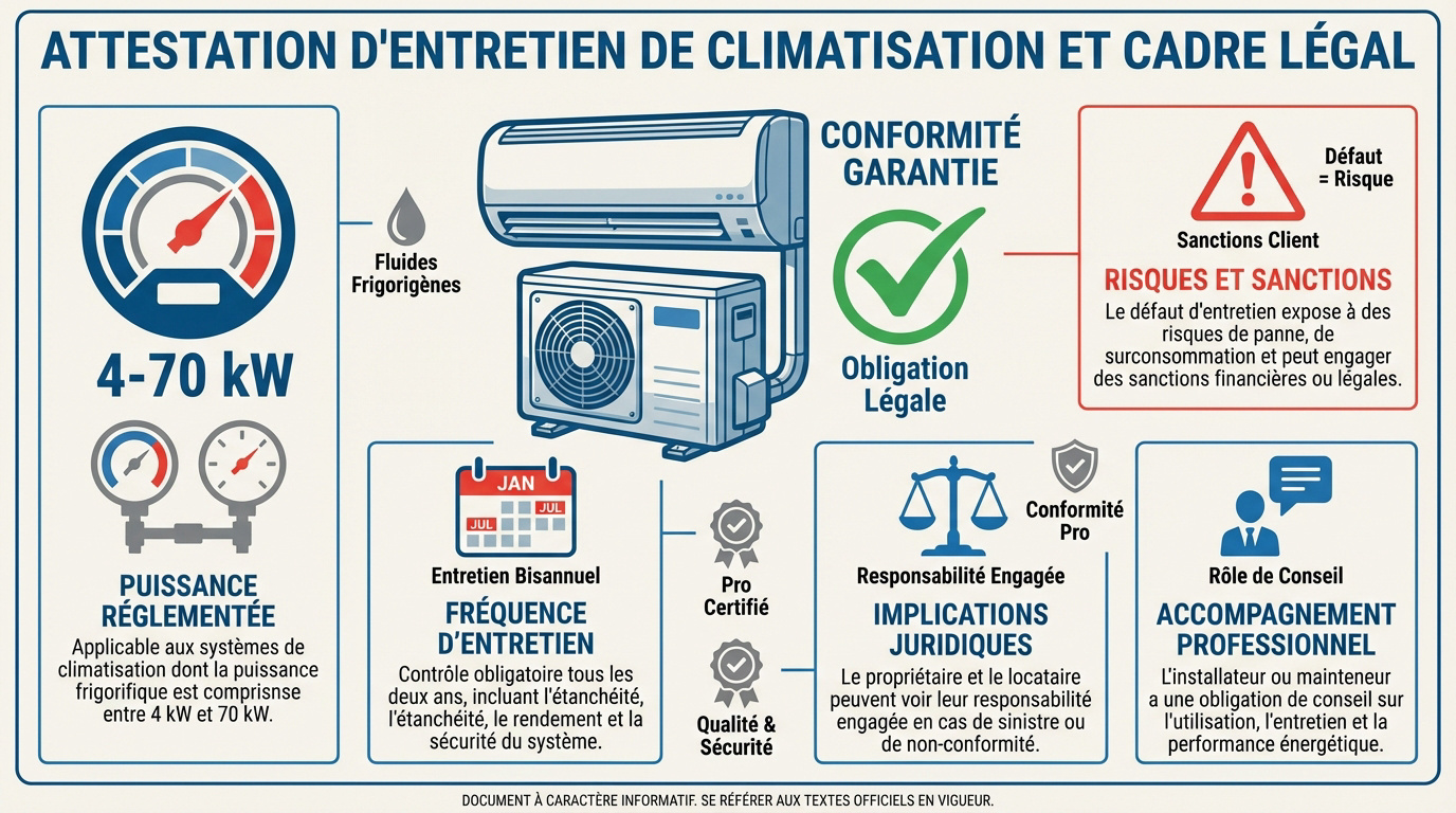 Technicien frigoriste remplissant une attestation d'entretien de climatisation sur tablette