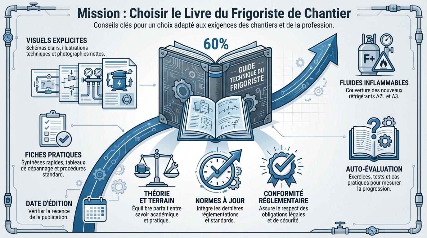 Technicien frigoriste consultant un manuel technique sur un chantier de climatisation