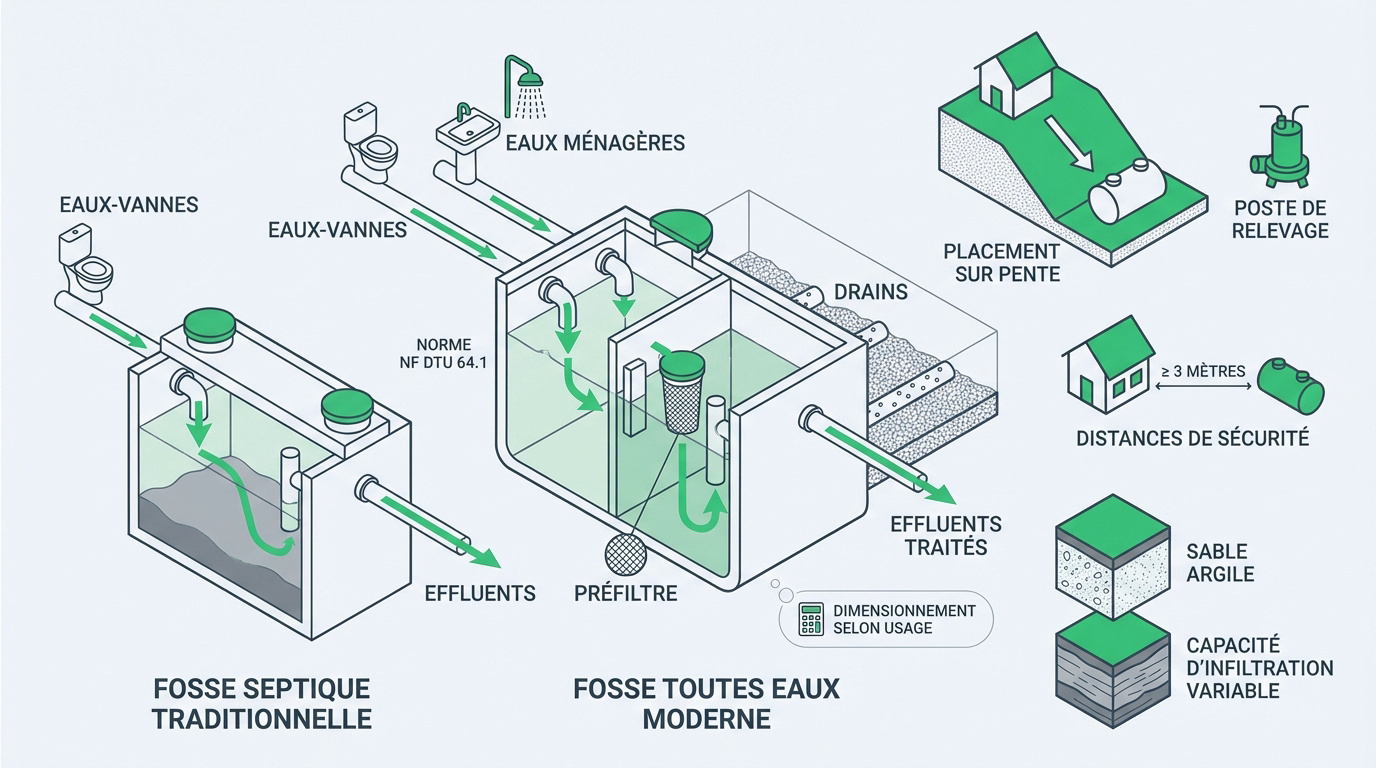 Tableau comparatif entre une fosse septique traditionnelle et une fosse toutes eaux moderne