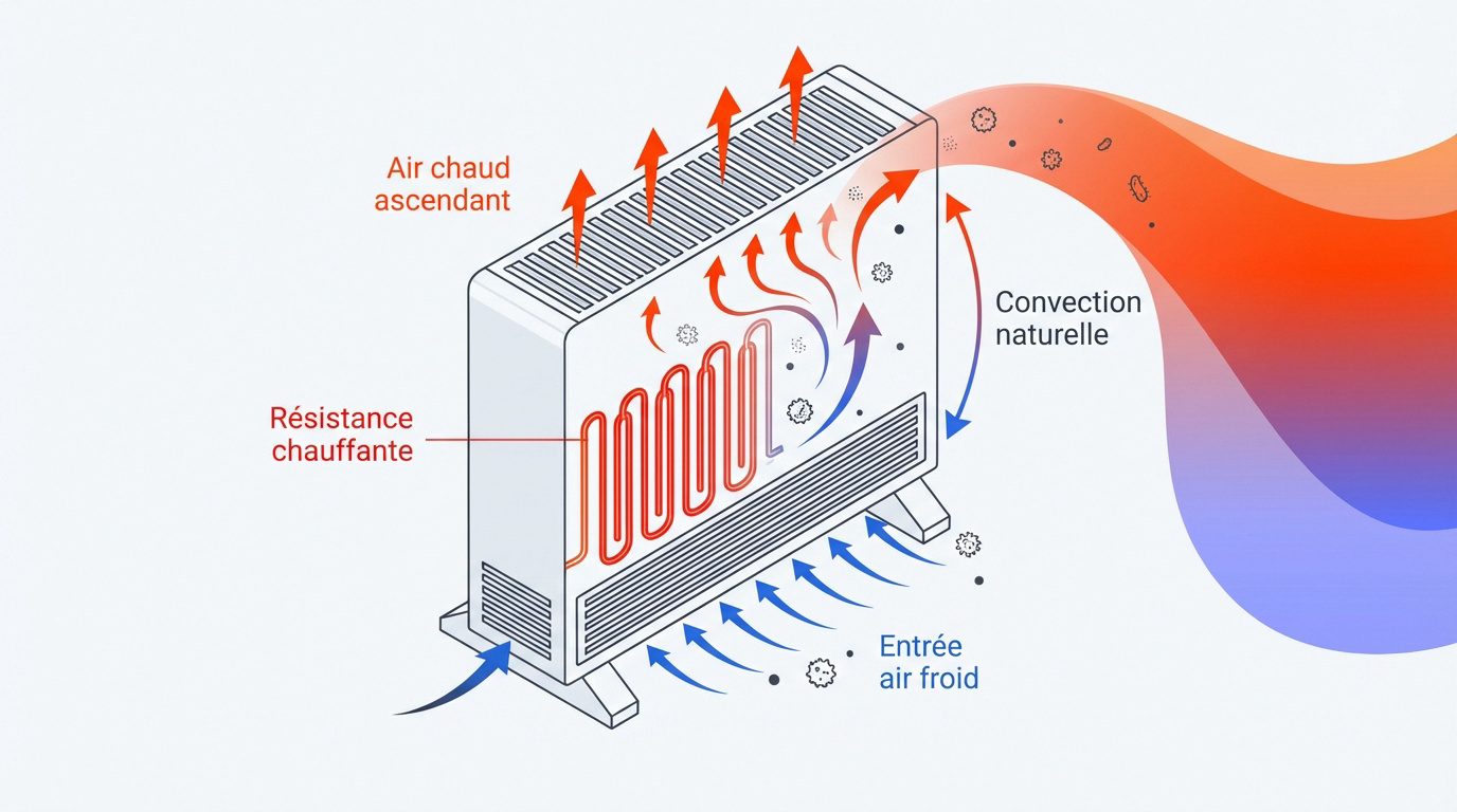 Schéma technique du flux d'air par convection naturelle dans un radiateur électrique