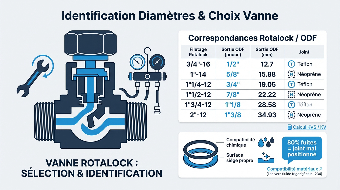 Tableau de correspondance des diamètres de vannes Rotalock et sorties ODF pour frigoristes