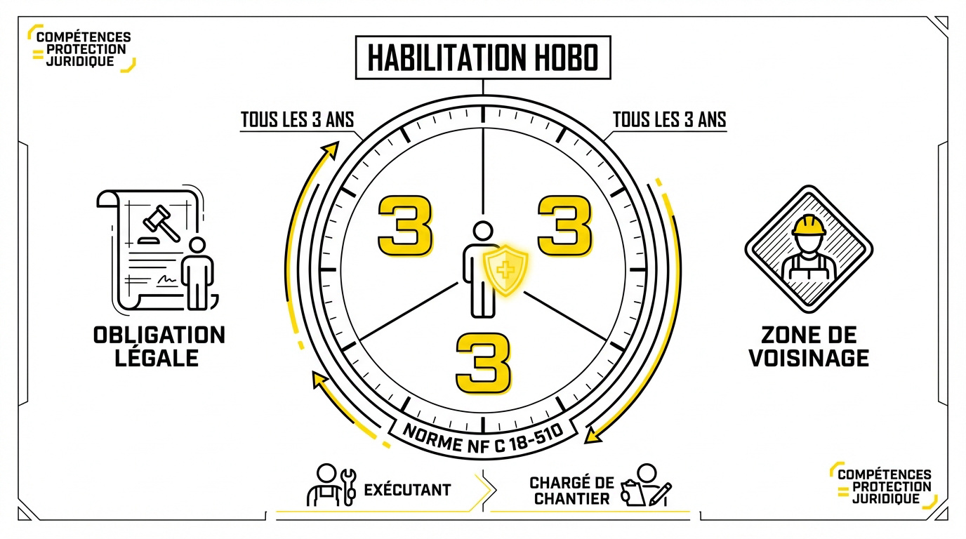 Infographie rappelant la périodicité de 3 ans pour le recyclage de l'habilitation électrique H0B0