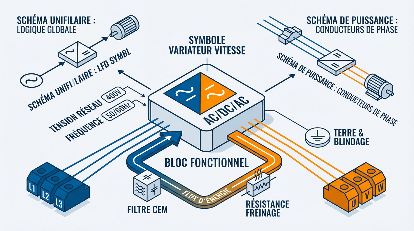 Schéma isométrique d'un variateur de vitesse industriel et ses composants
