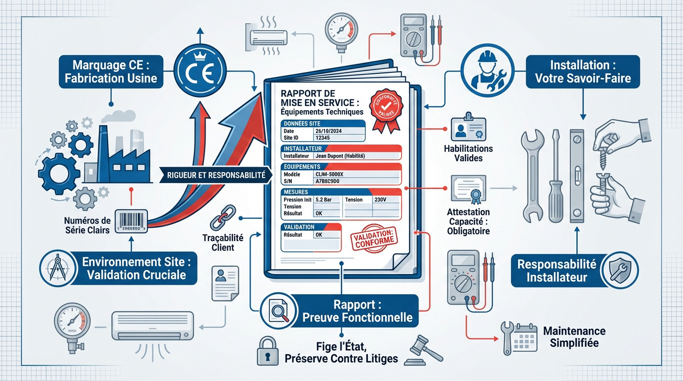 Infographie détaillant les étapes clés du rapport de mise en service et de conformité pour climatisation