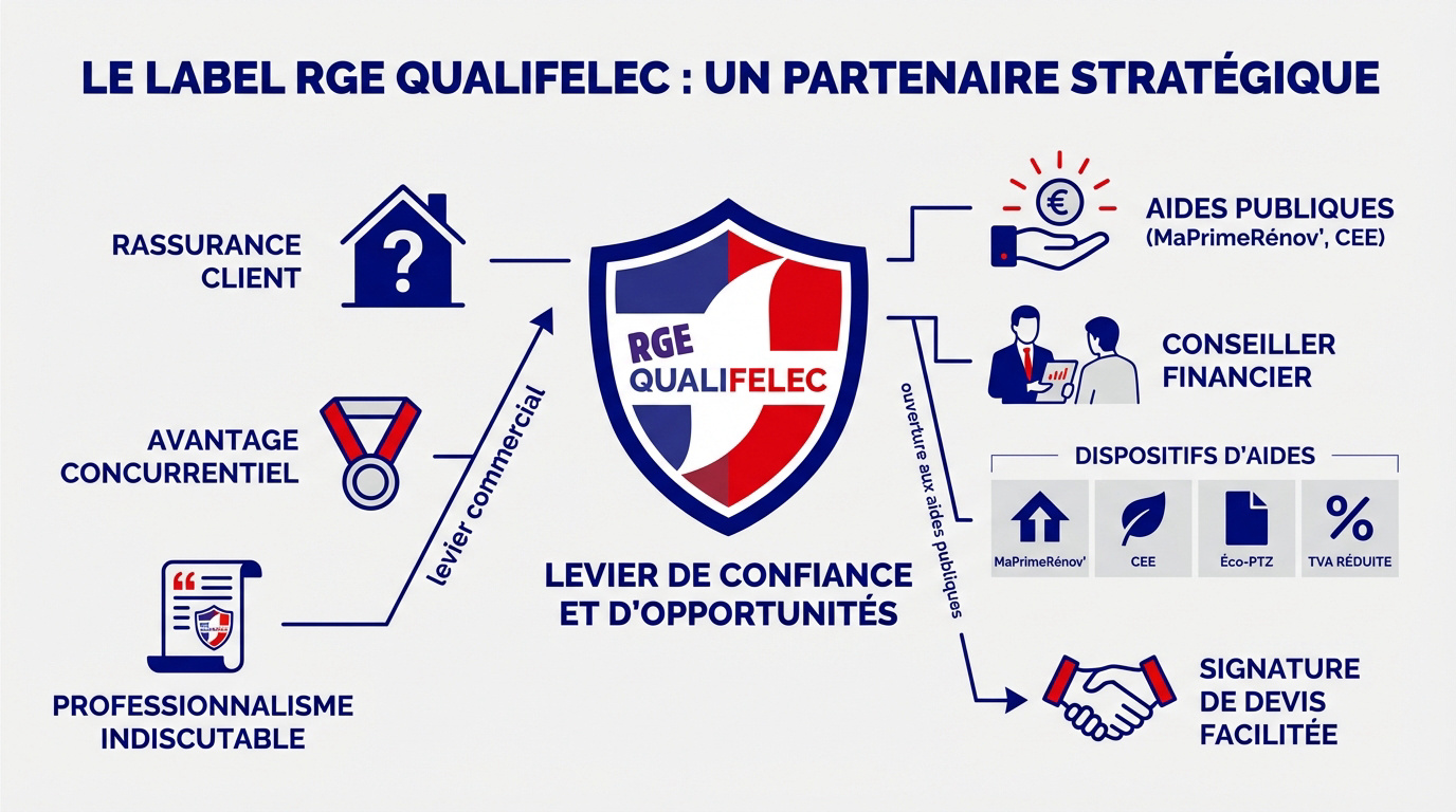 Artisan électricien présentant sa qualification RGE Qualifelec sur un chantier de rénovation énergétique