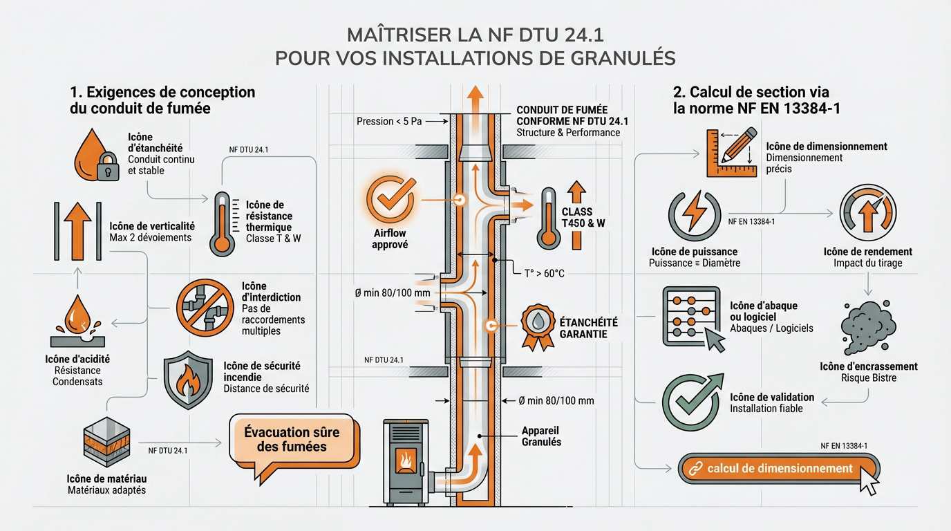 Installation d'un conduit de fumée conforme à la norme NF DTU 24.1 pour chaudière à granulés