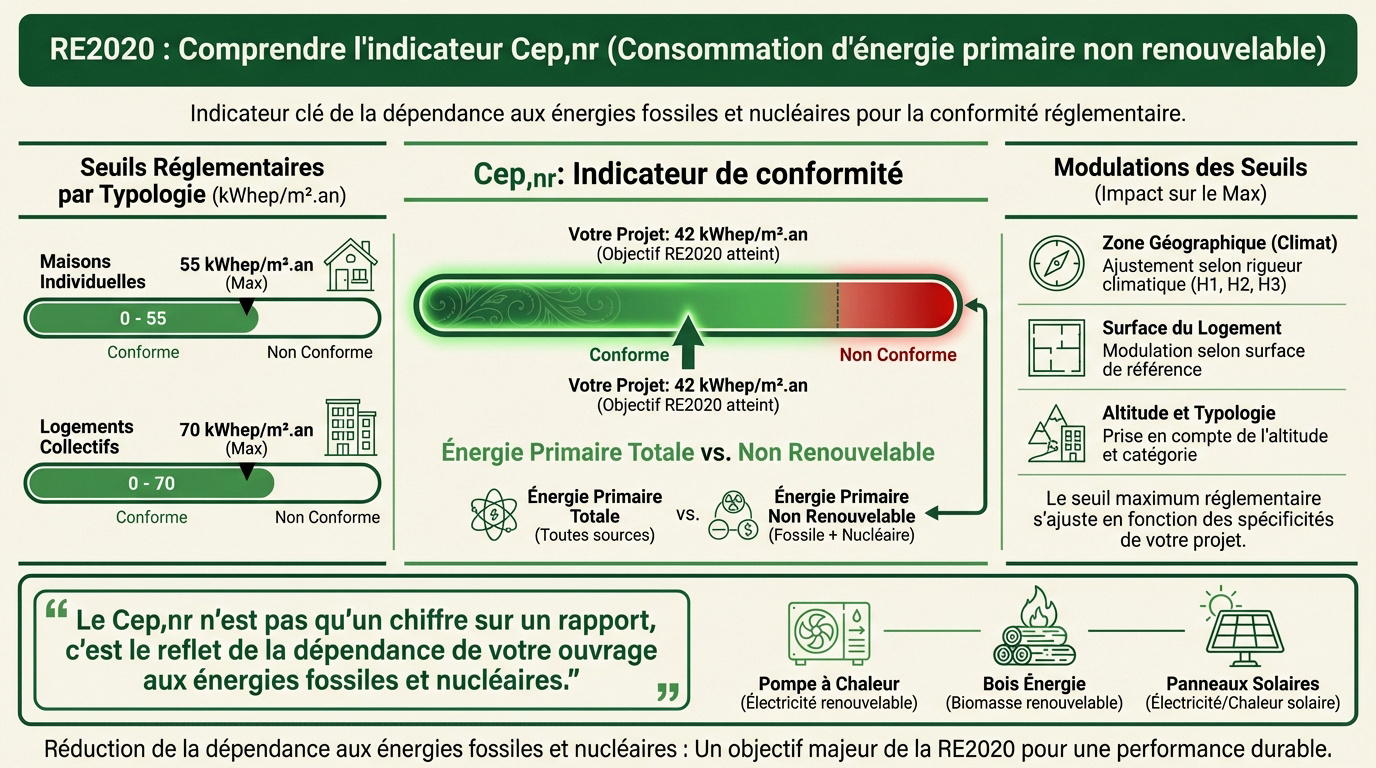 Schéma explicatif de l'indicateur Cep,nr dans la réglementation RE2020