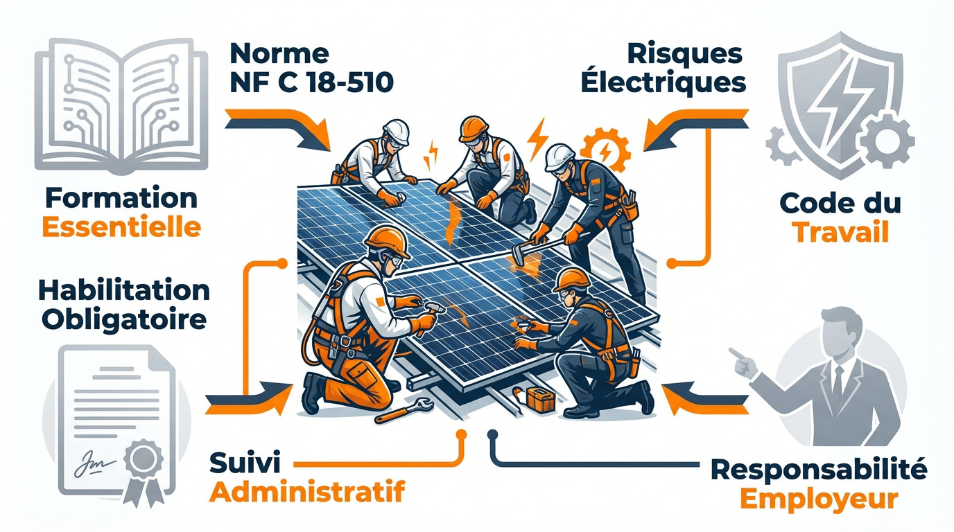 Technicien en intervention de maintenance sur une installation de panneaux photovoltaïques respectant les normes de sécurité