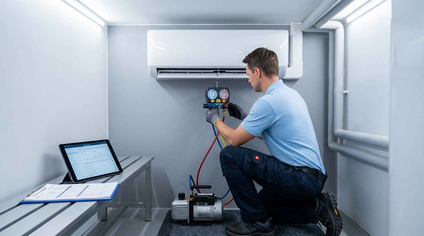 Un technicien en chemise bleue et pantalon de travail ajuste des manomètres sur une unité de climatisation murale. Une tablette est posée à côté.