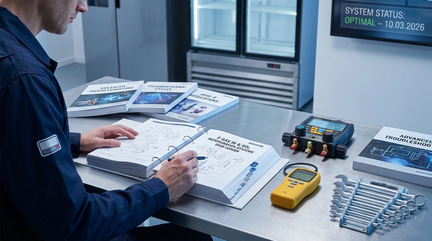 Un technicien étudie un manuel sur les systèmes de réfrigération F-Gas et CO2, entouré d'outils et d'autres livres techniques.