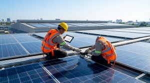 Deux techniciens en EPI inspectent et installent des panneaux solaires sur un toit, l'un utilise une tablette de suivi.