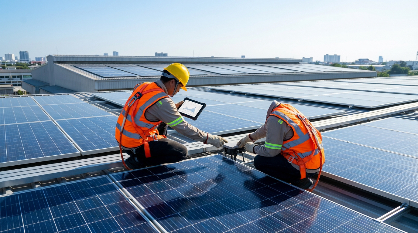 Deux techniciens en EPI inspectent et installent des panneaux solaires sur un toit, l'un utilise une tablette de suivi.