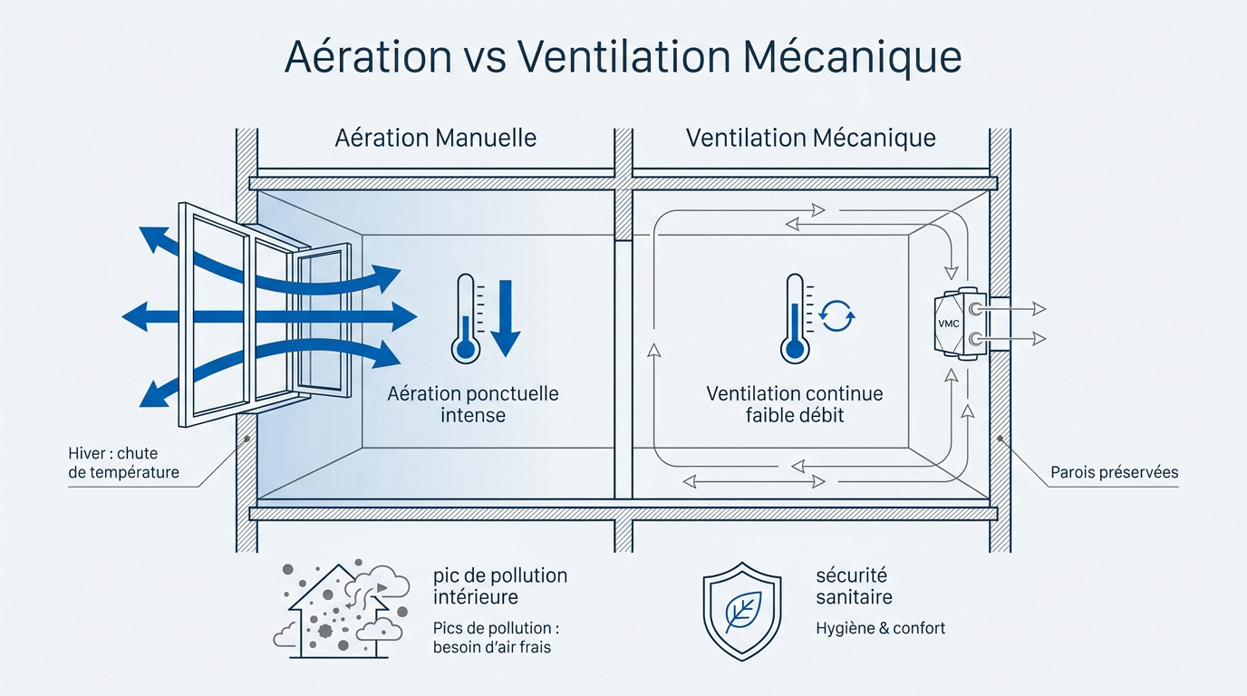 Comparatif entre l'aération manuelle par les fenêtres et la ventilation mécanique contrôlée pour la qualité de l'air