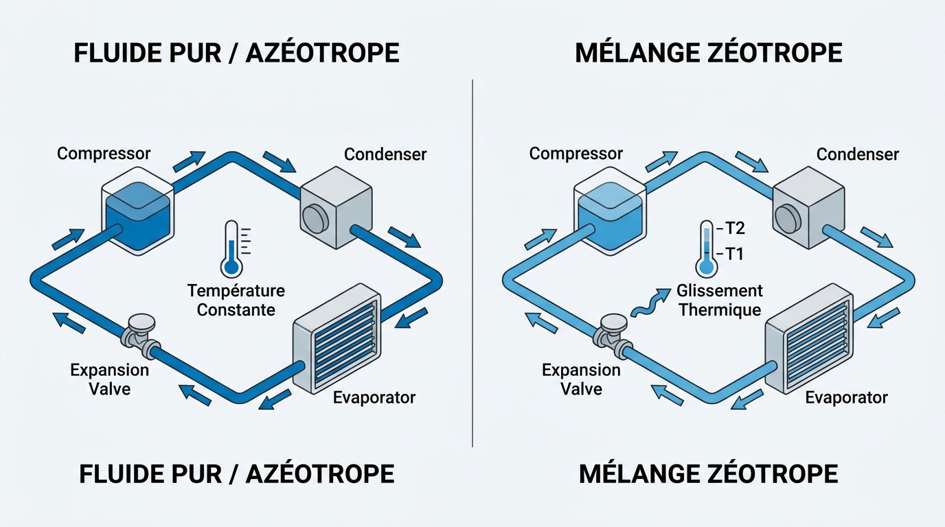 Comparaison graphique des cycles de réfrigération entre un fluide pur et un mélange zéotrope montrant le glissement de température