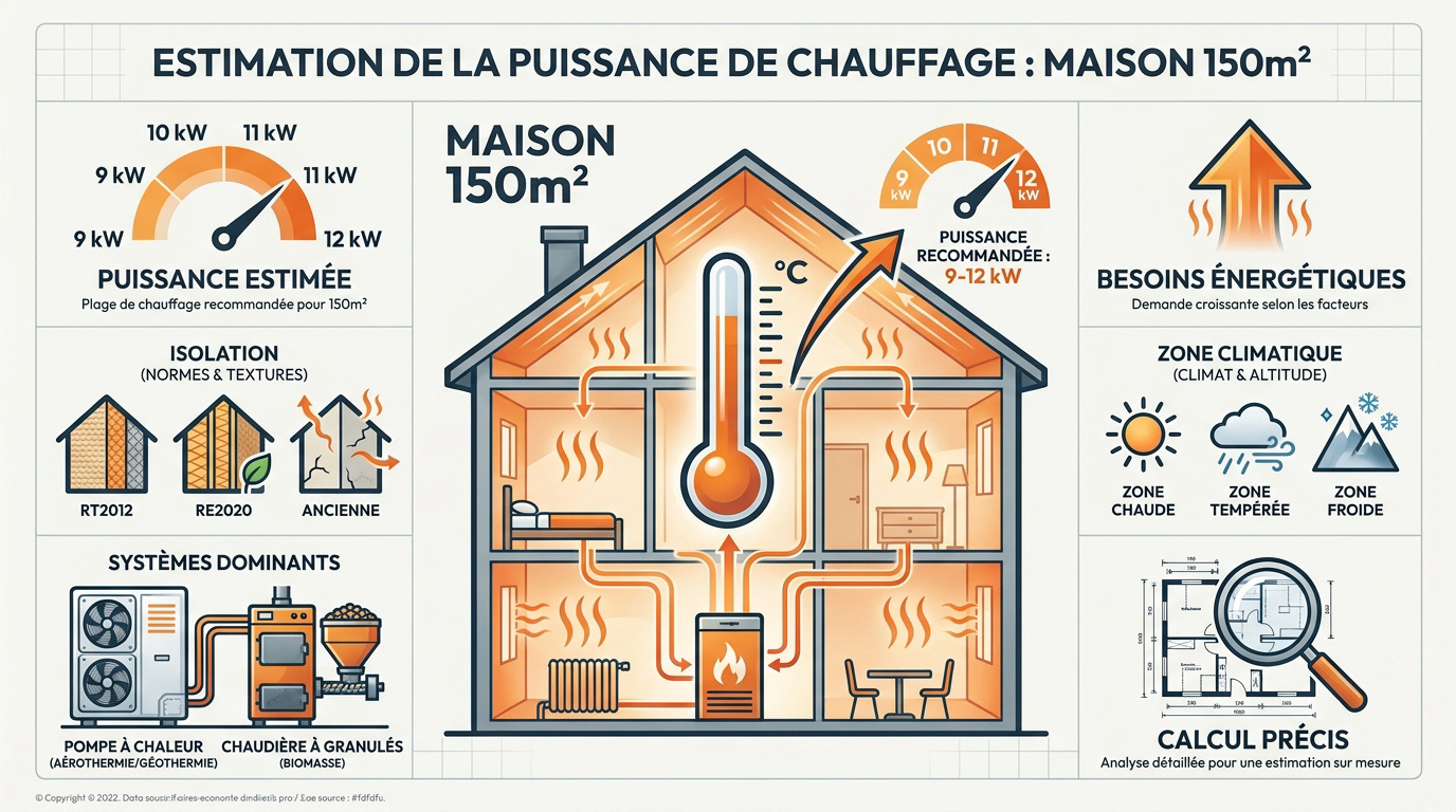 Estimation de la puissance de chauffage pour une maison de 150m2 selon l'isolation