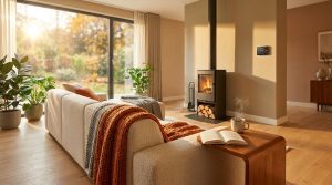 Salon chaleureux avec poêle à bois moderne, canapé confortable et grandes baies vitrées donnant sur un jardin en automne.