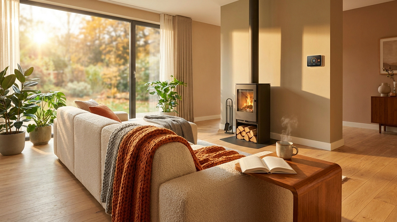 Salon chaleureux avec poêle à bois moderne, canapé confortable et grandes baies vitrées donnant sur un jardin en automne.